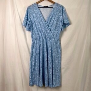 Fensace Womens Dress Blue Size L Leopard Print Wrap V-Neck Flutter Sleeve Midi
